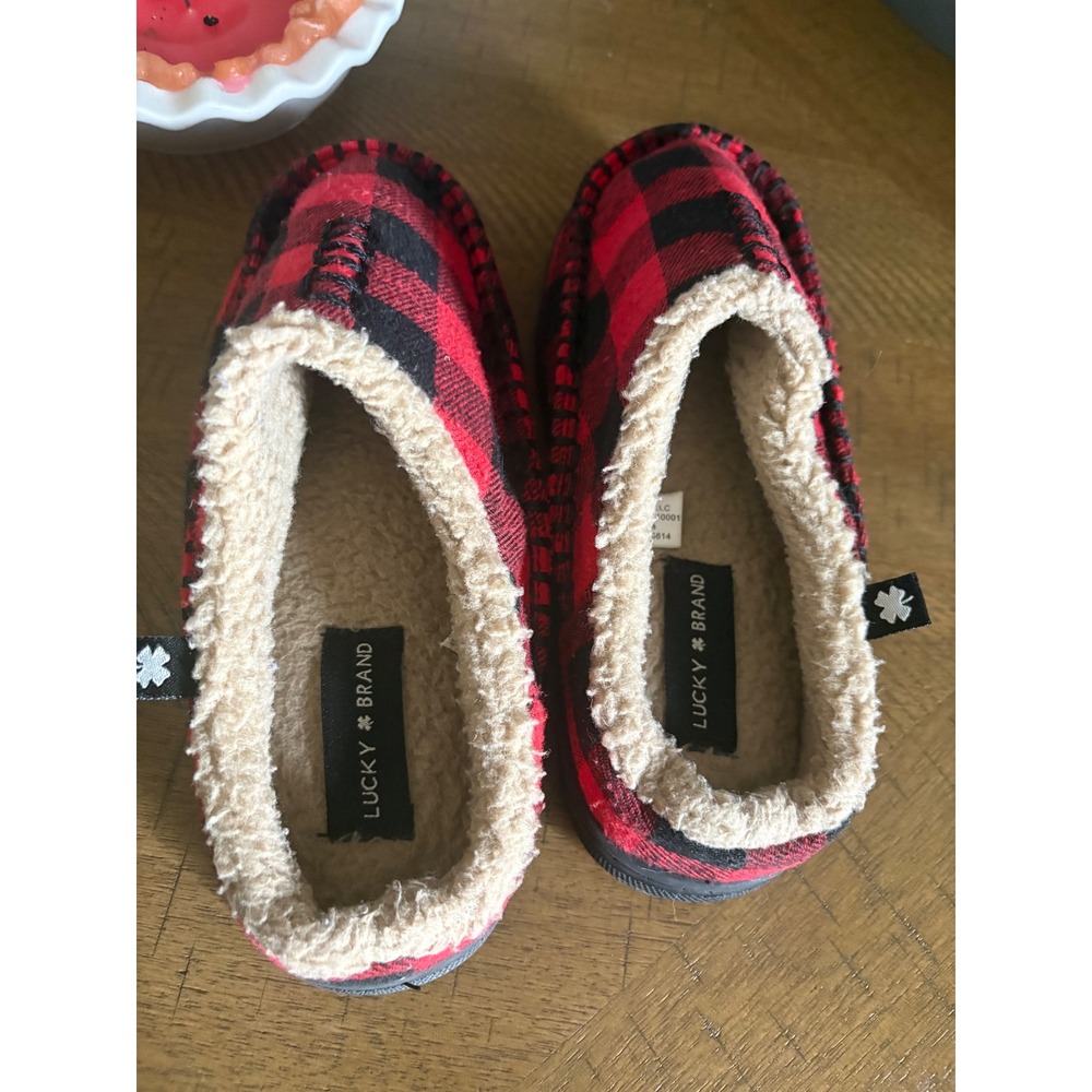 Lucky Brand Kids Buffalo Plaid Slippers Red Black Faux Fur Lined Size 13-1